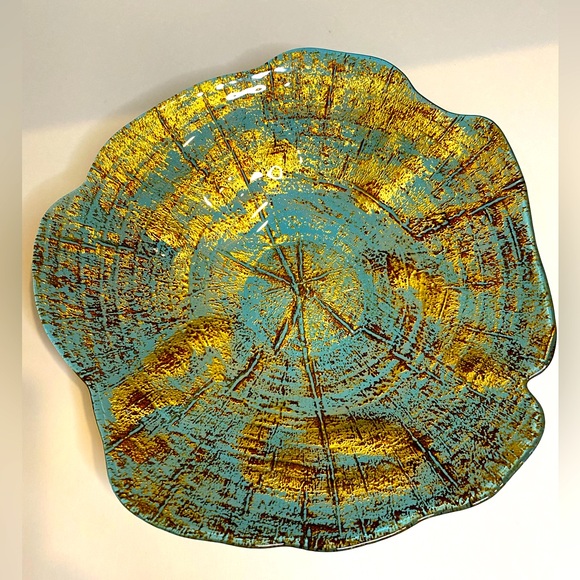 EUC Vtg "Akcam" Metallic Teal and Gold Abstract Design Hand Made Glass Bowl/Dish - Picture 1 of 7